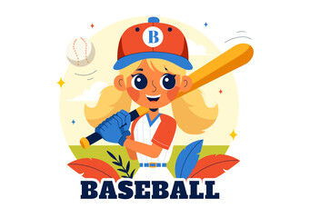 A Baseball Kids Player in Uniform is Throwing, Catching, or Hitting a Ball with Bats and Gloves on a Court Stadium in a Cartoon Vector Illustration