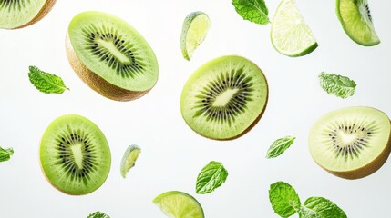 Fototapeta premium Flying fresh raw whole and sliced kiwi, lime and mint leaves on white background. Falling fruits