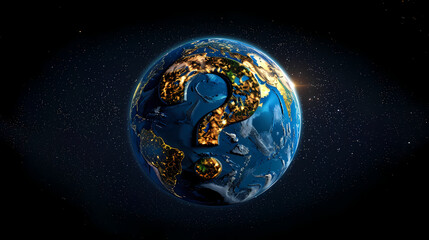 Naklejka premium Earth's Golden Enigma: A solitary question mark, rendered in gleaming gold, overlays a detailed Earth in space, prompting contemplation about our planet's future. 