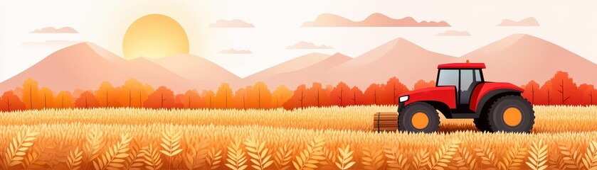 Fototapeta premium Sunset over a golden wheat field with a tractor, surrounded by mountains and autumn trees. Ideal rural and agricultural scene.