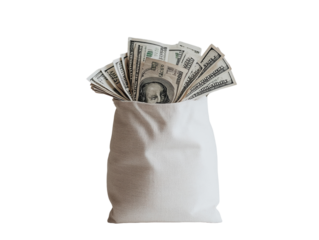 Money bag filled with dollar bills on a white background. PNG transparent.
