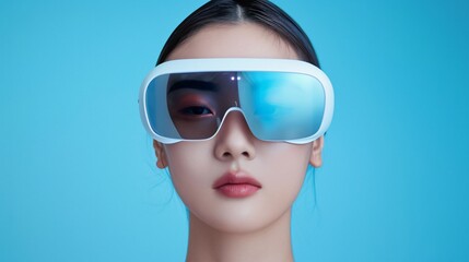 Woman Wearing VR Goggles and LED Light Display on Pastel Background