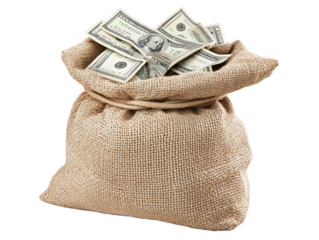 Money bag filled with dollar bills on a white background. PNG transparent.