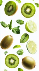 Fototapeta premium Flying fresh raw whole and sliced kiwi, lime and mint leaves on white background. Falling fruits