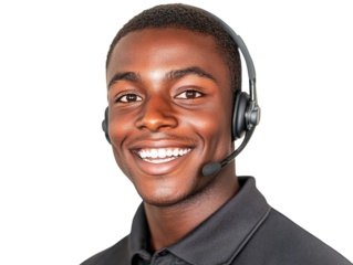 Smiling customer service representative with headset on a white background. PNG transparent.