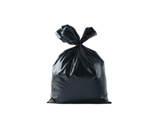 Black garbage bag tied on a white background. PNG transparent.