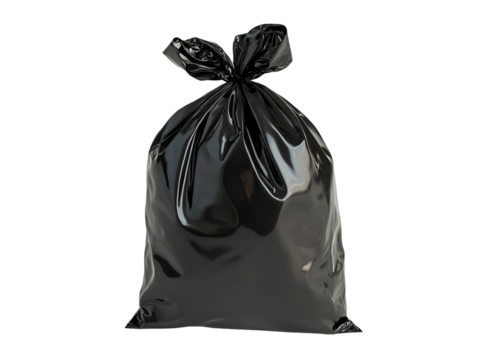Black garbage bag tied on a white background. PNG transparent.