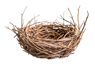 Empty bird's nest made of twigs on a white background. PNG transparent.