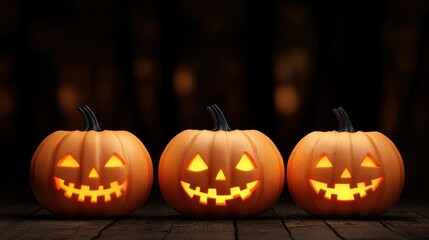 Three glowing jack-o'-lanterns with cheerful expressions, perfect for Halloween celebrations and autumn decor.
