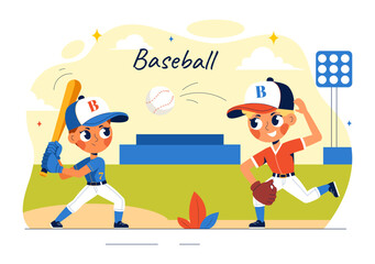 A Baseball Kids Player in Uniform is Throwing, Catching, or Hitting a Ball with Bats and Gloves on a Court Stadium in a Cartoon Vector Illustration