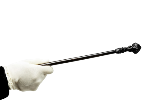 Magician's gloved hand holding a wand on a white background. PNG transparent.