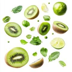 Fototapeta premium Flying fresh raw whole and sliced kiwi, lime and mint leaves on white background. Falling fruits
