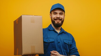 Handsome Courier in Blue Uniform Smiling While Carrying Cardboard Box on Solid Yellow Background