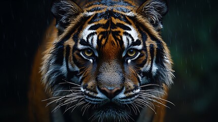 A close-up of a fierce tiger in a rain-soaked environment.