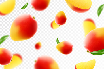 Flying ripe mango. Bright advertising background falling juicy fruit mango, realistic illustration with blurred effect. 3d vector design for advertising banners and web page design