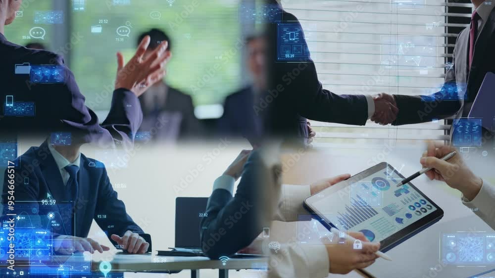 Poster Various business scene and digital technology concept. Digital transformation. Enterprise Resources Planning. Transition material from a white background