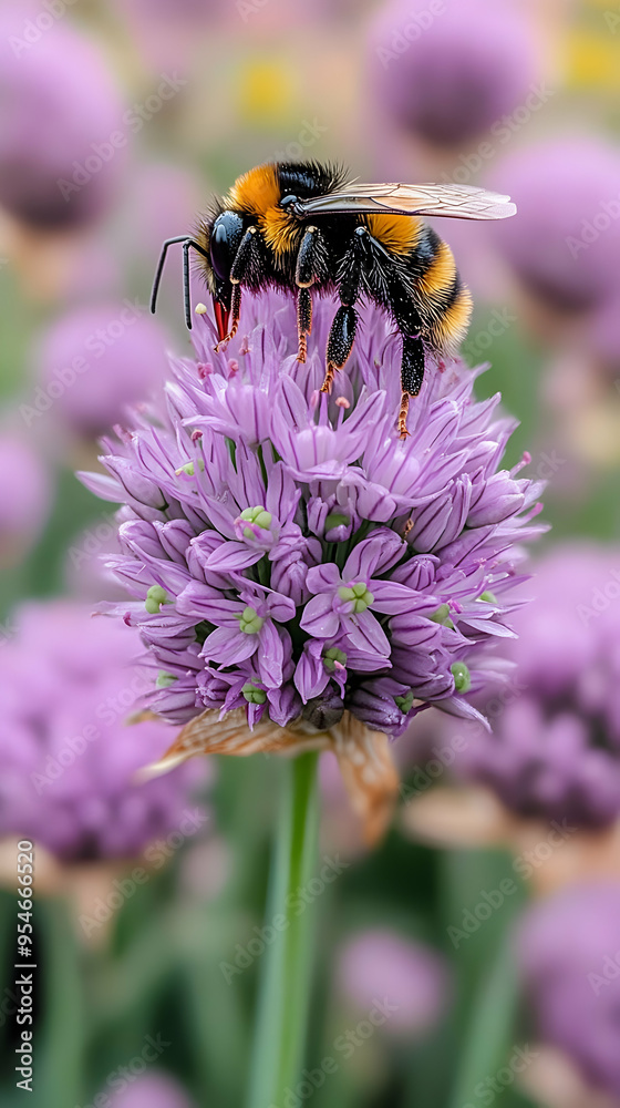 Poster Bumblebee perched on a purple flower, surrounded by a field of purple flowers.