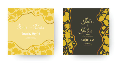 Wedding invitation layout with large floral silhouettes. Hand-drawn flower parts. Trendy festive design. Golden glittering ribbons. Romantic holiday card. Cards with two backgrounds, light and dark.
