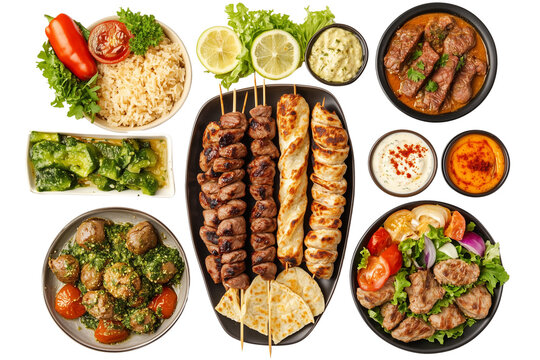 Set of a featuring various Turkish dishes such as kebab, Jonesburg, kami yum in the style of Character, isolated on a transparent background.