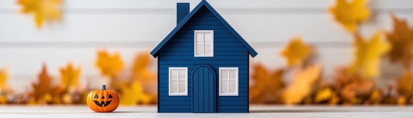 Obraz premium A blue toy house with a pumpkin decoration amidst autumn leaves, symbolizing a cozy fall atmosphere.