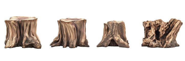 Set of a realistic tree stump, isolated on a transparent background.