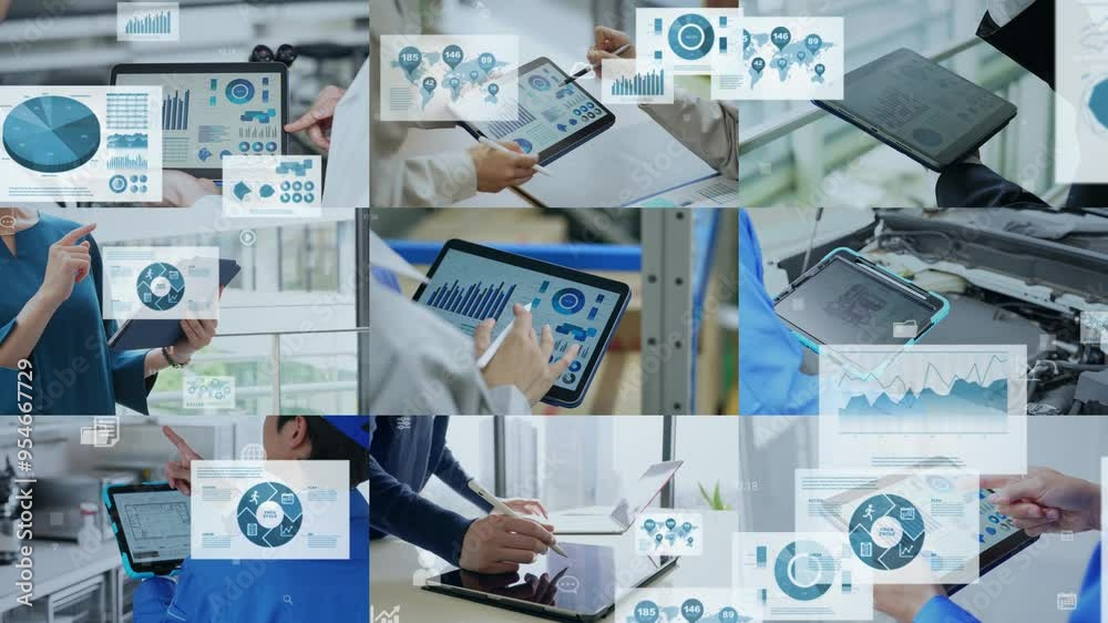 Poster People using tablets and digital documents concept. Digital transformation. Enterprise Resources Planning. Transition material from a white background