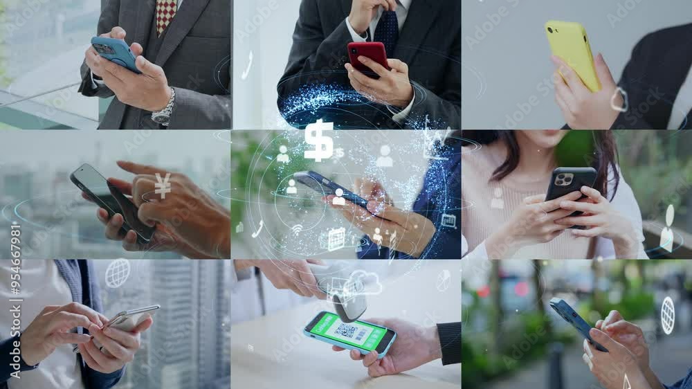 Poster People using smart phones and communication network concept. Mobile app. Social networking service. Digital transformation. Transition material from a white background