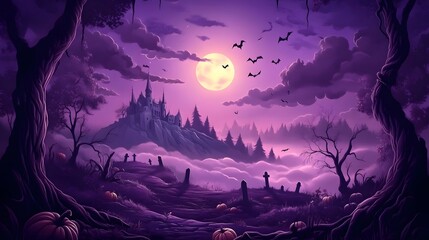 Haunted Graveyard with Full Moon and Gothic Castle, Ideal for Halloween Dark Theme Wallpaper