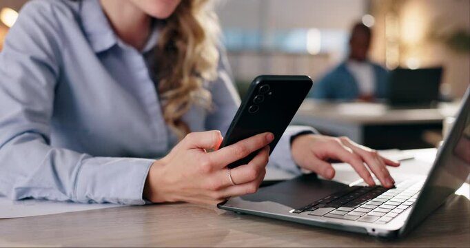 Hands, woman and phone with laptop in office for reading, bank information and online shopping on website. Female person, mobile pin and typing of e commerce payment, subscription or financial budget