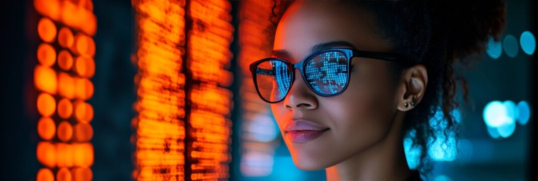 Young Woman Analyzing Stock Market Data on Transparent Screen, Futuristic Trading Concept