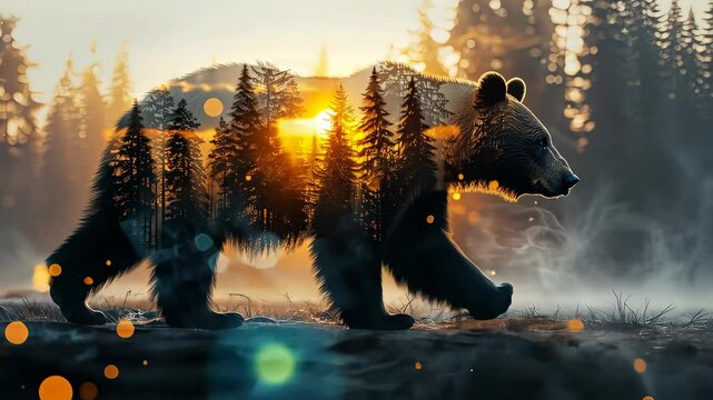 double exposure of bear with forest silhouette and sunset glow