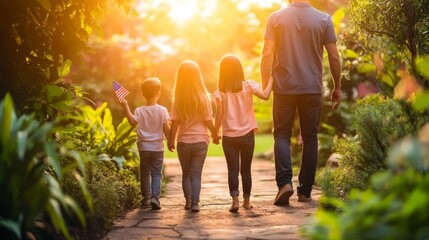 Family of Five Enjoying a Scenic Walk Outdoors, Holding Hands and Carrying an American Flag.