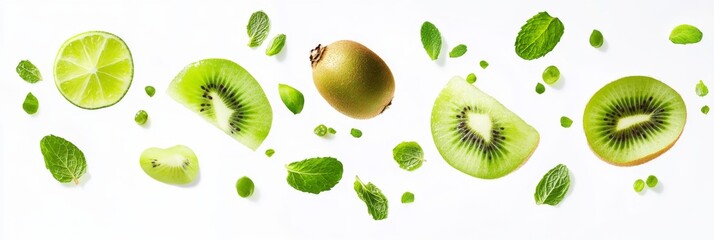 Flying fresh raw whole and sliced kiwi, lime and mint leaves on white background. Falling fruits