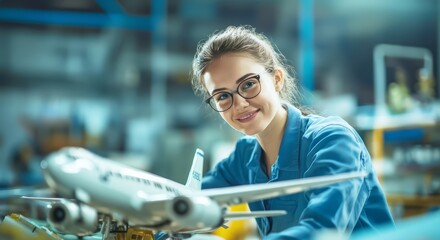Female aerospace engineer working on an airplane model prototype. Research and development at Aeronautics factory office room.