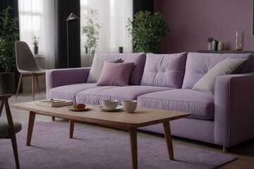 A living room with a purple couch and a wooden coffee table