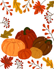 Autumn Frame with Leaves and Pumpkins, Watercolor Illustration,  Pumpkin Autumn