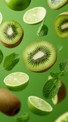 Fototapeta premium Flying fresh raw whole and sliced kiwi, lime and mint leaves on green background. Falling fruits