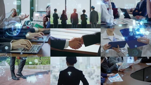 様々なビジネスシーンとデジタルテクノロジー　白バックからのトランジション