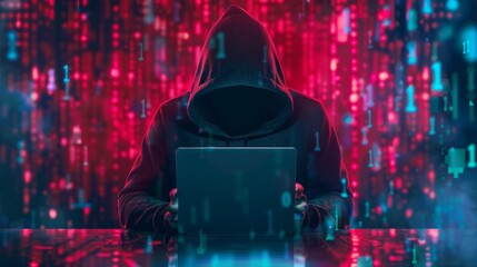 Hacking and malware concept. Hacker using abstract laptop with digital interface.