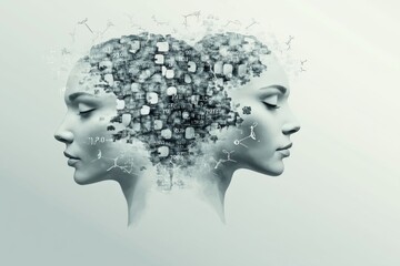 Cognitive function Coordinated Dual profile illustration of a woman with dissolving brain imagery symbolizing the fragmentation of thoughts and the delicate nature of human memory