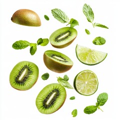 Fototapeta premium Flying fresh raw whole and sliced kiwi, lime and mint leaves on white background. Falling fruits