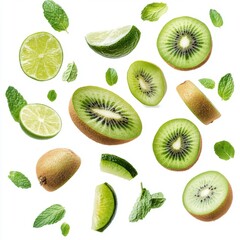 Fototapeta premium Flying fresh raw whole and sliced kiwi, lime and mint leaves on white background. Falling fruits