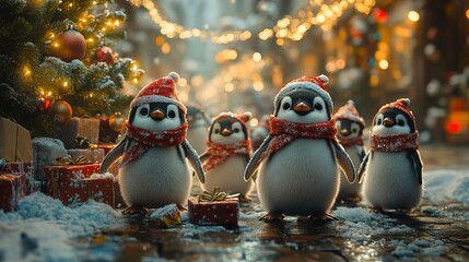 A charming illustration of a penguin family gathered around a Christmas tree, wearing festive hats...