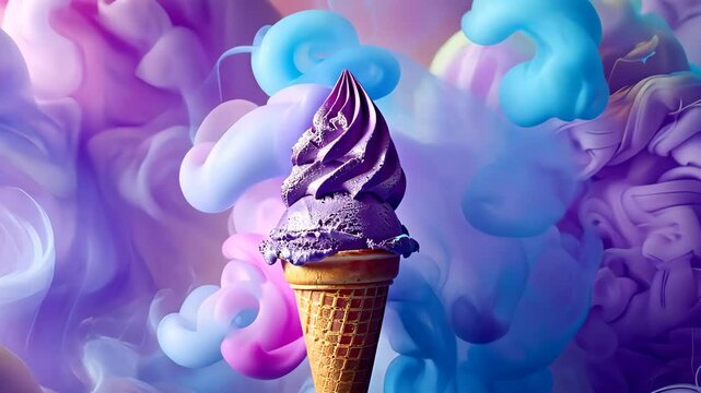 Ice cream cone with vibrant purple and blue clouds, abstract art. Dessert fantasy concept