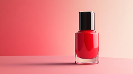 Red nail polish bottle on pink background.