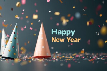 Party Hats and Confetti Collage: Images of colorful party hats, confetti falling in the background. The text "Happy New Year" in a playful, festive font
