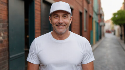 Fototapeta premium Man wearing white t-shirt and white baseball cap standing in a city alley