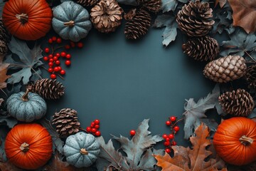Fototapeta premium Autumn holiday frame from decorative pumpkins, dried foliage, red berry, pinecones and acorns top view. Thanksgiving day, harvest, autumn and fall background top view with generative ai