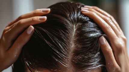 Naklejka premium A close-up shot of a woman's head with hands holding her hair, highlighting issues like damaged and oily hair. Hair treatment concept. Copy space.