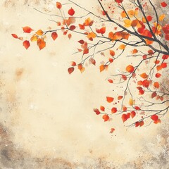 Autumn Leaves Watercolor Border on Beige Background